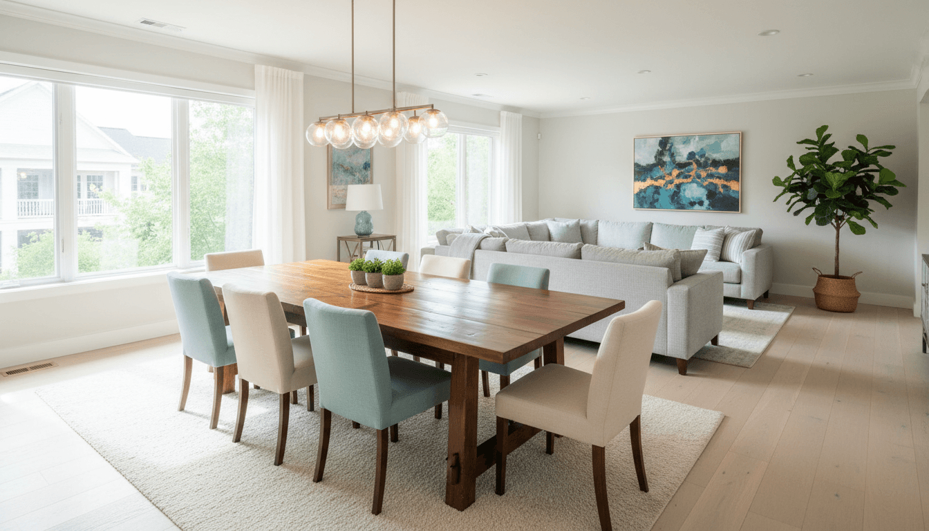 Restored wooden dining table in a bright living room