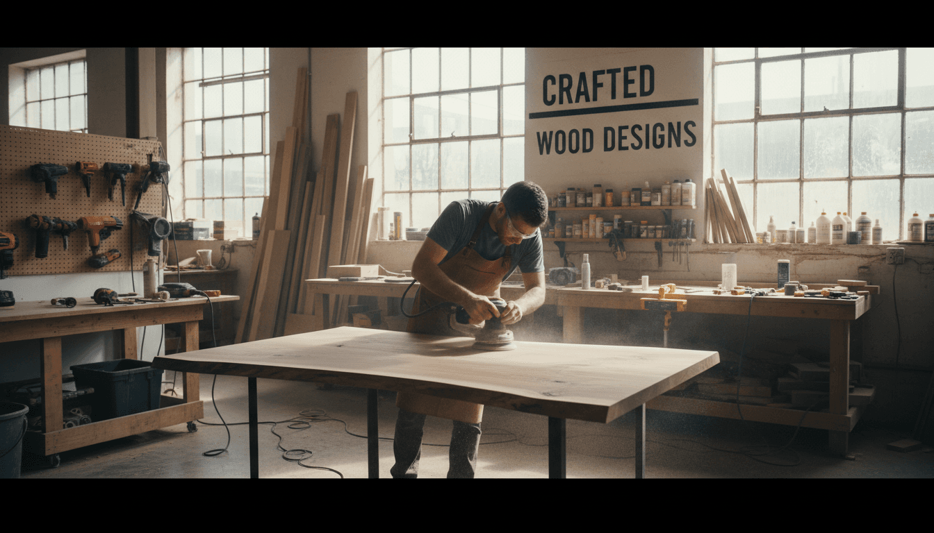 Craftsman sanding a wooden table top in a woodworking workshop