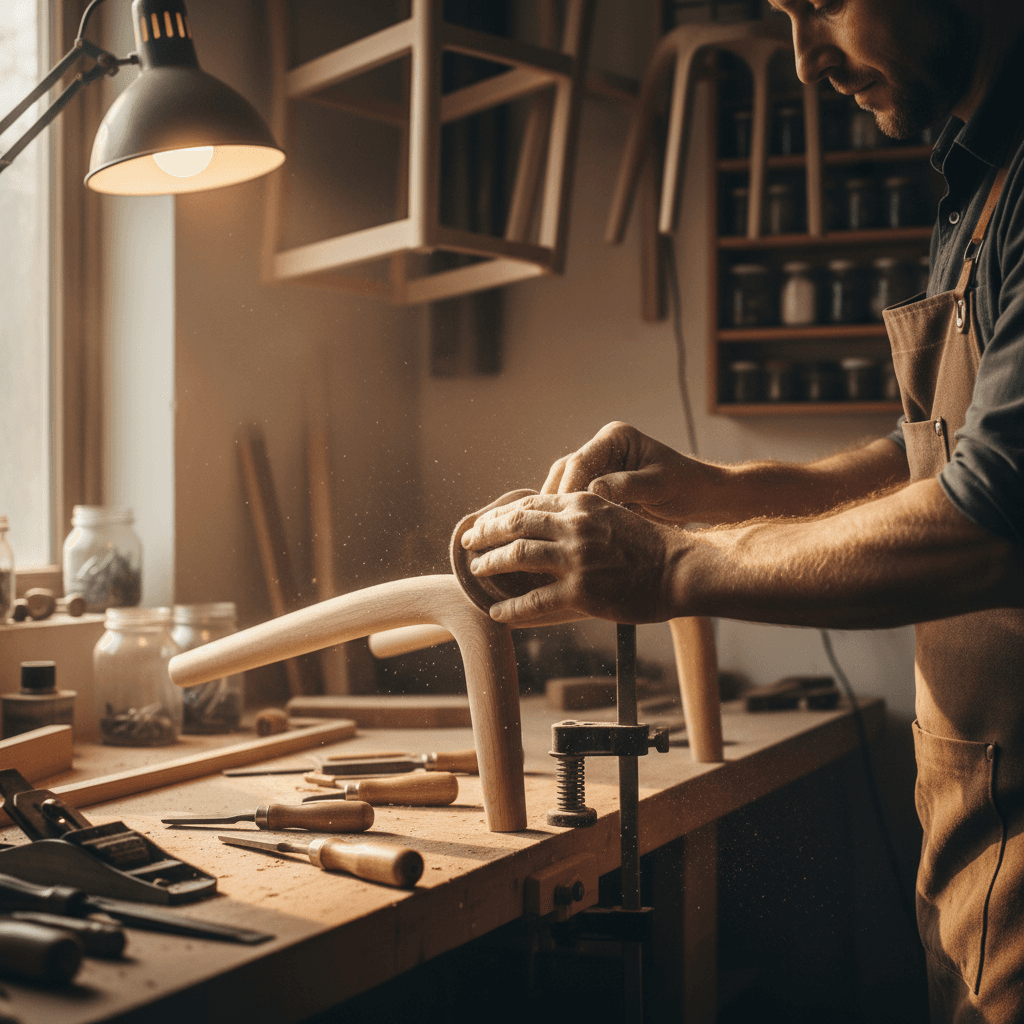 Craftsman hands sanding a wooden chair leg in a workshop