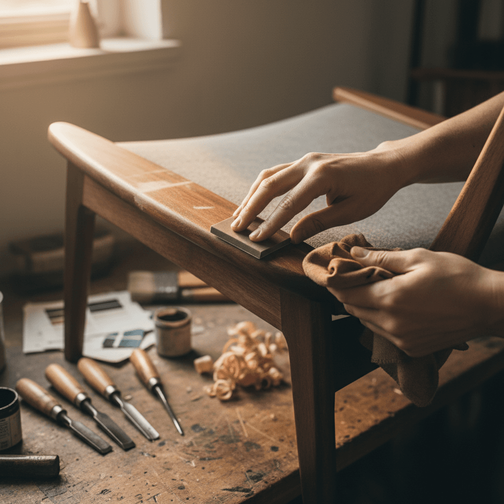 Restored vintage wooden chair with a fresh finish in a bright workshop