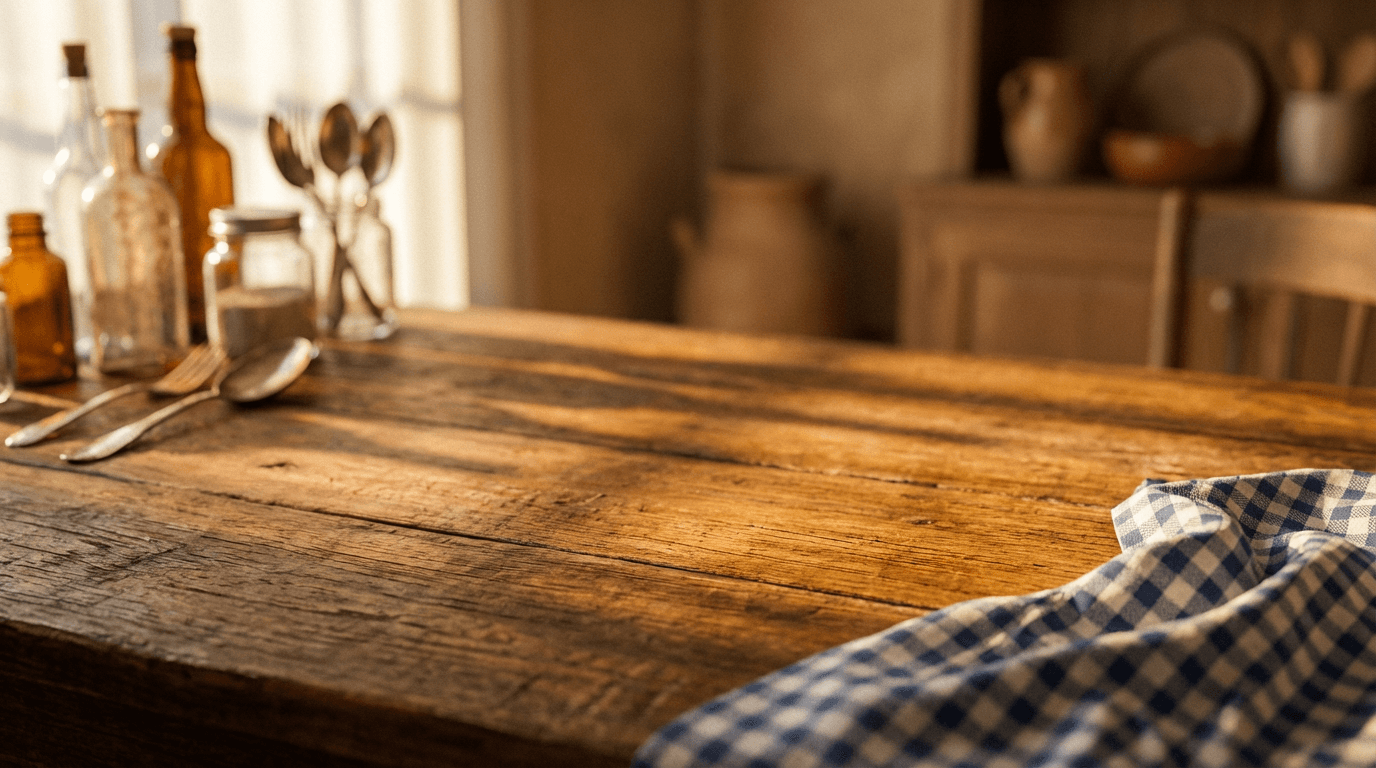 Beautifully restored vintage wooden table in a bright room