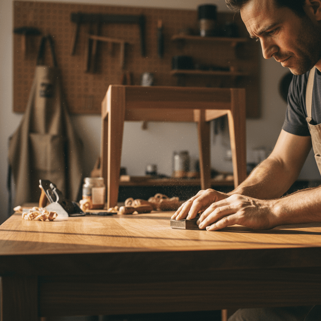 Detail of hands sanding a wooden chair in the workshop
