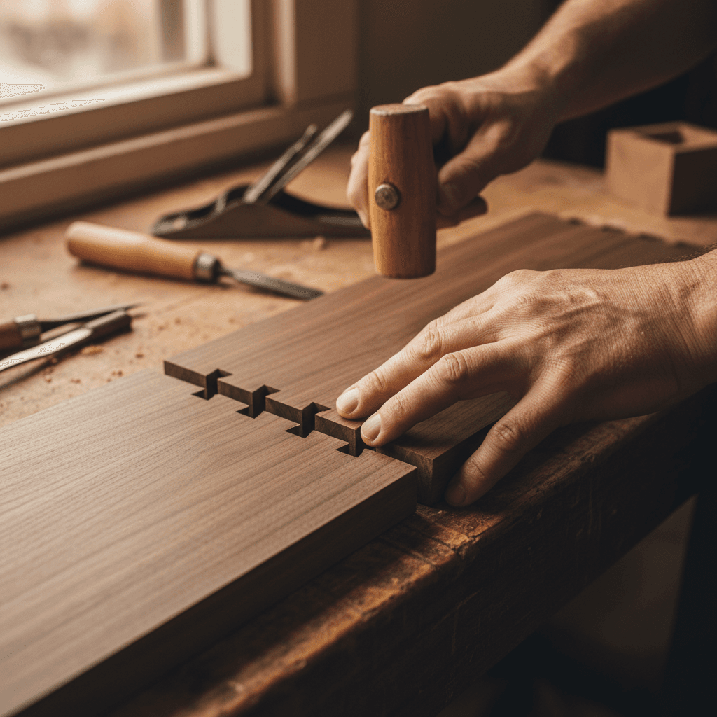 Chair with loose joint being reglued and clamped on the workbench