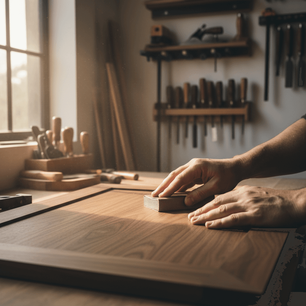 Craftsman sanding a wooden table in a workshop