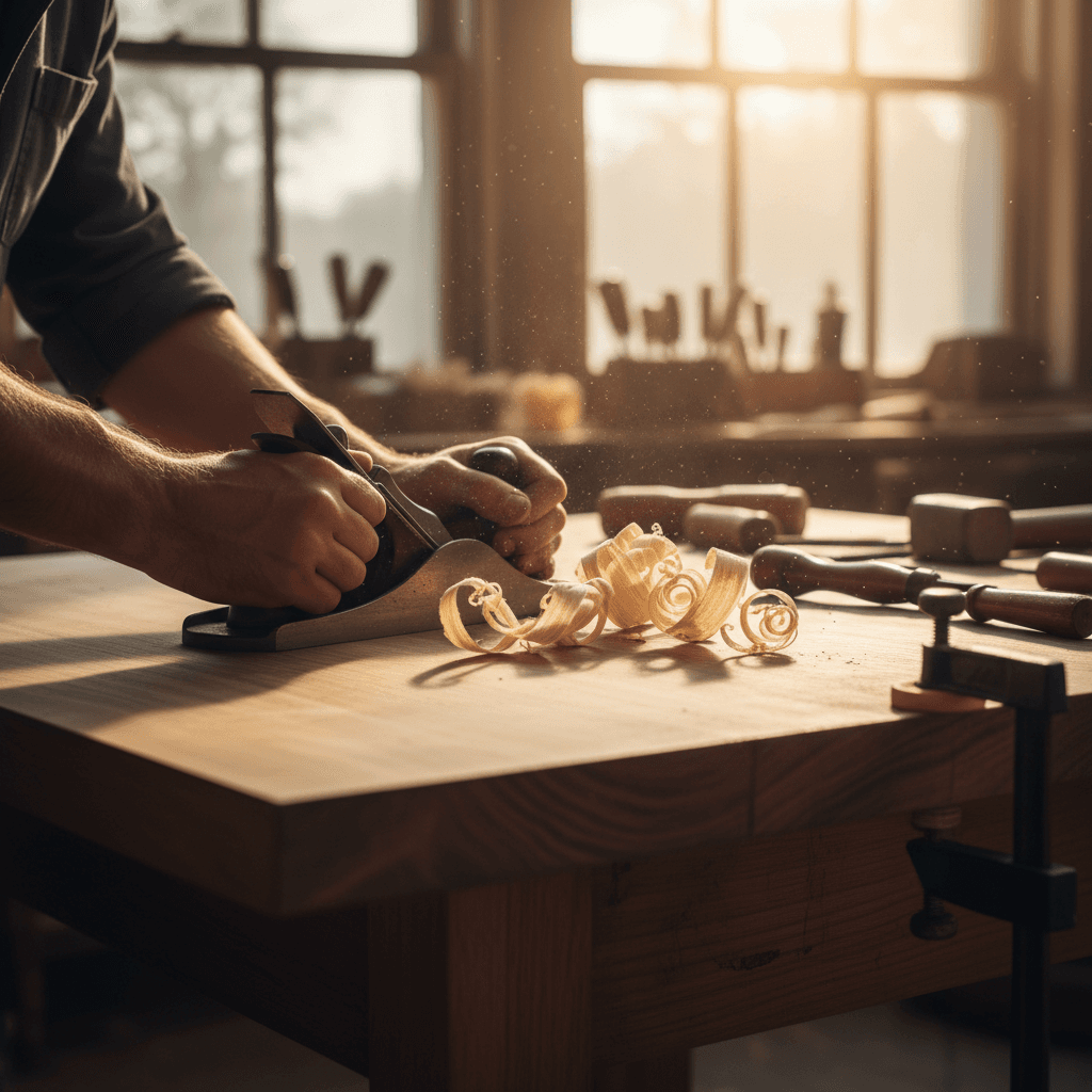 A craftsman's hands clamping a repaired wooden chair leg in a workshop