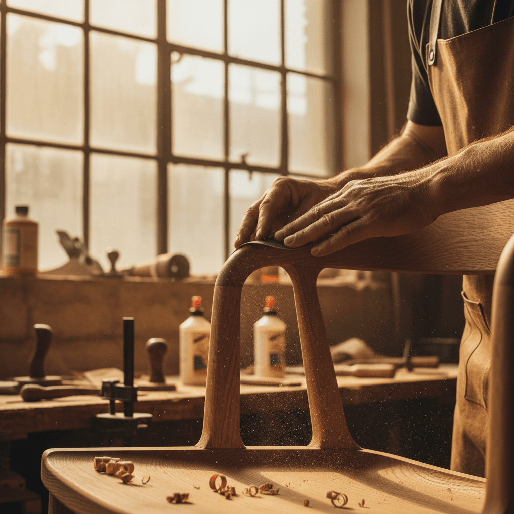 Craftsman sanding a wooden tabletop in a workshop